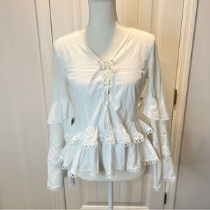 Stellah Blouse Ruffle Tiered Tassel Tie Neck Boho Wide Flared Sleeve White XSmal